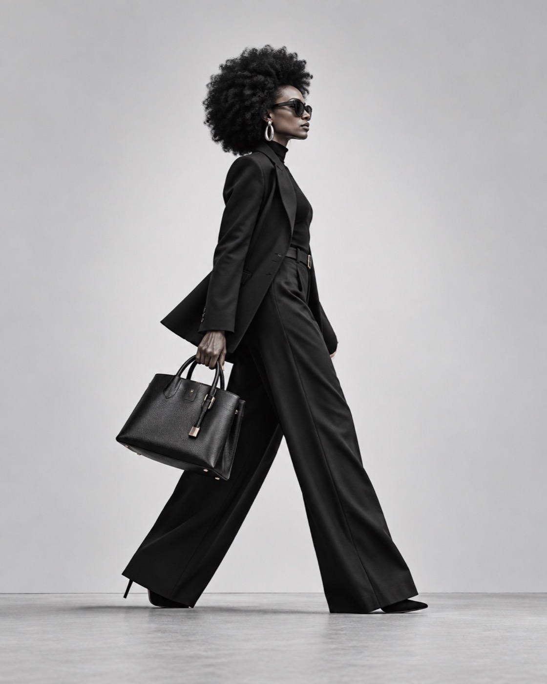 An executive in dark tailoring walking across a grey studio floor.